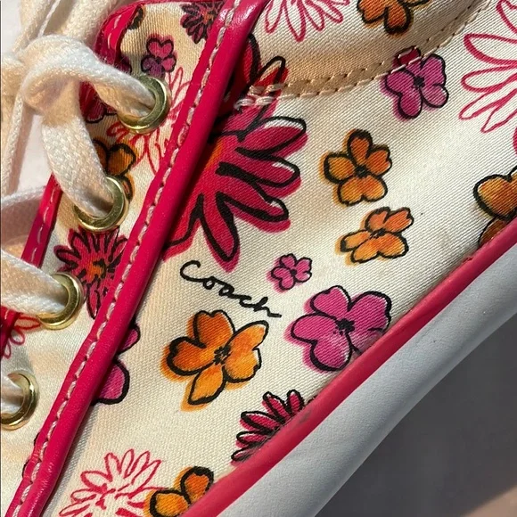 COACH Pink and White Sneakers Floral Canvas Design Laces EUC - Picture 9 of 13